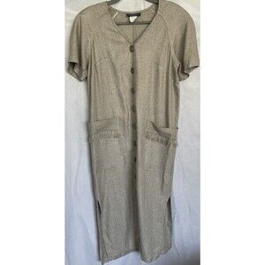 Women's Beige Button-Up Short Sleeve Maxi Dress Carole Little 1990s Size 10 VTG